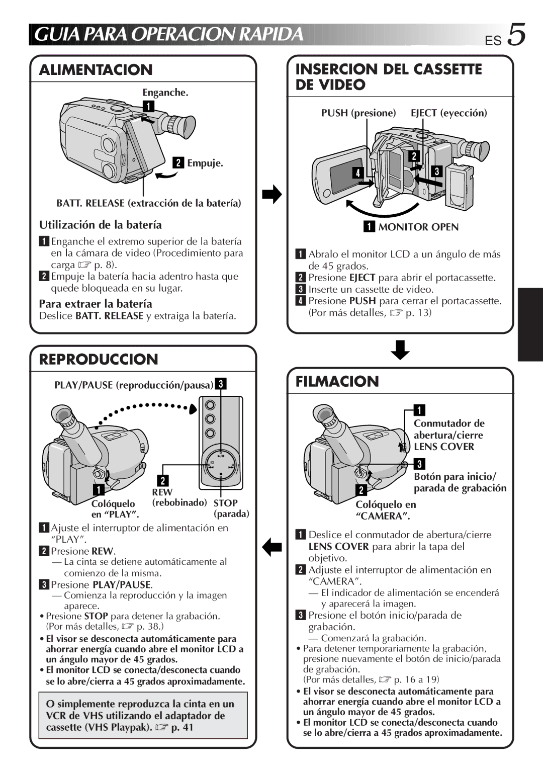 JVC GR-AXM77UM manual Guia Para Operacion Rapida ES, Utilización de la batería, Para extraer la batería, Monitor Open 