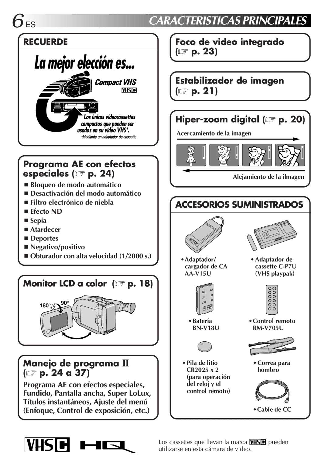 JVC GR-AXM77UM manual Foco de video integrado, Estabilizador de imagen p, Hiper-zoom digital p, Monitor LCD a color p 