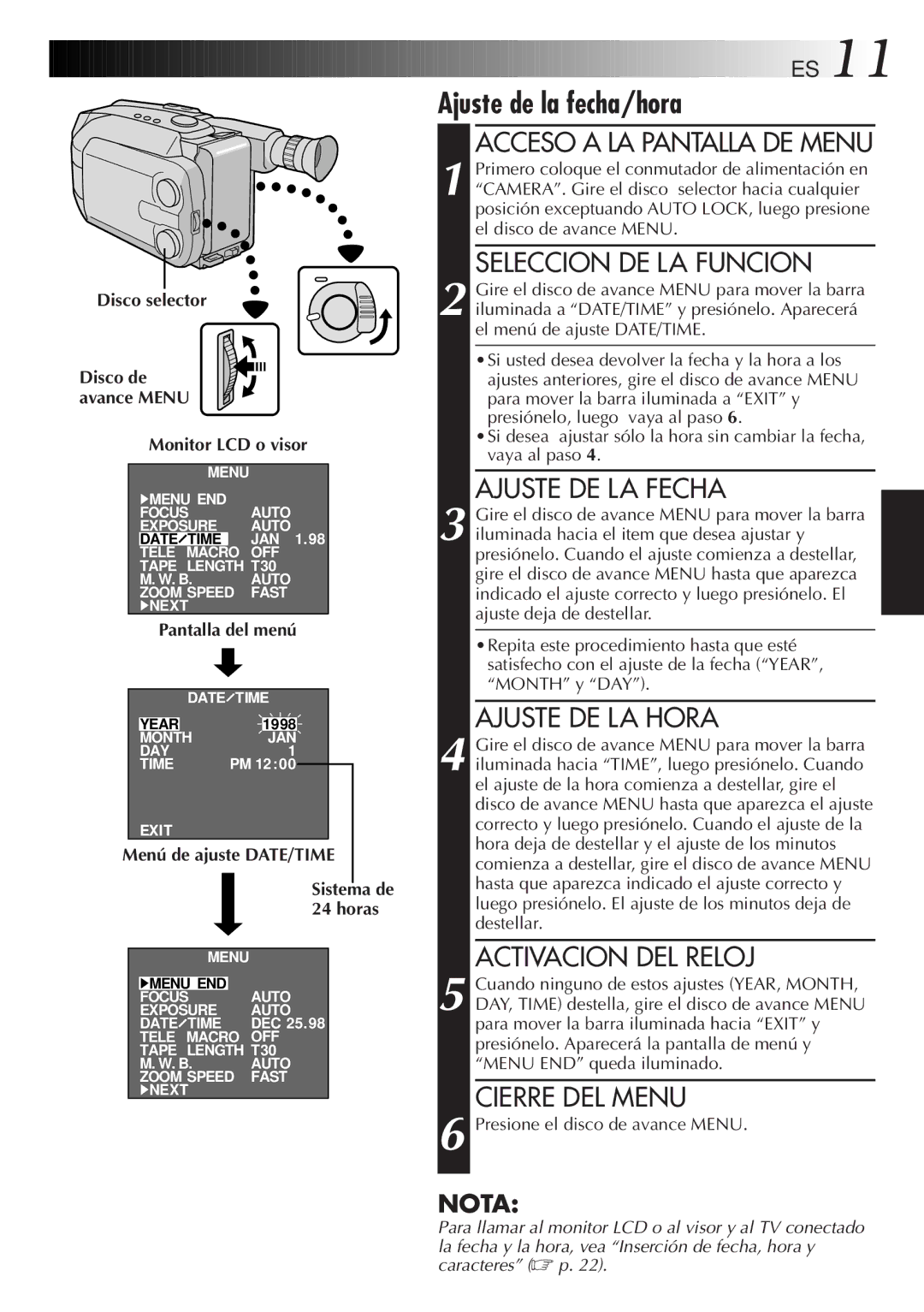 JVC GR-AXM77UM manual Ajuste de la fecha/hora 