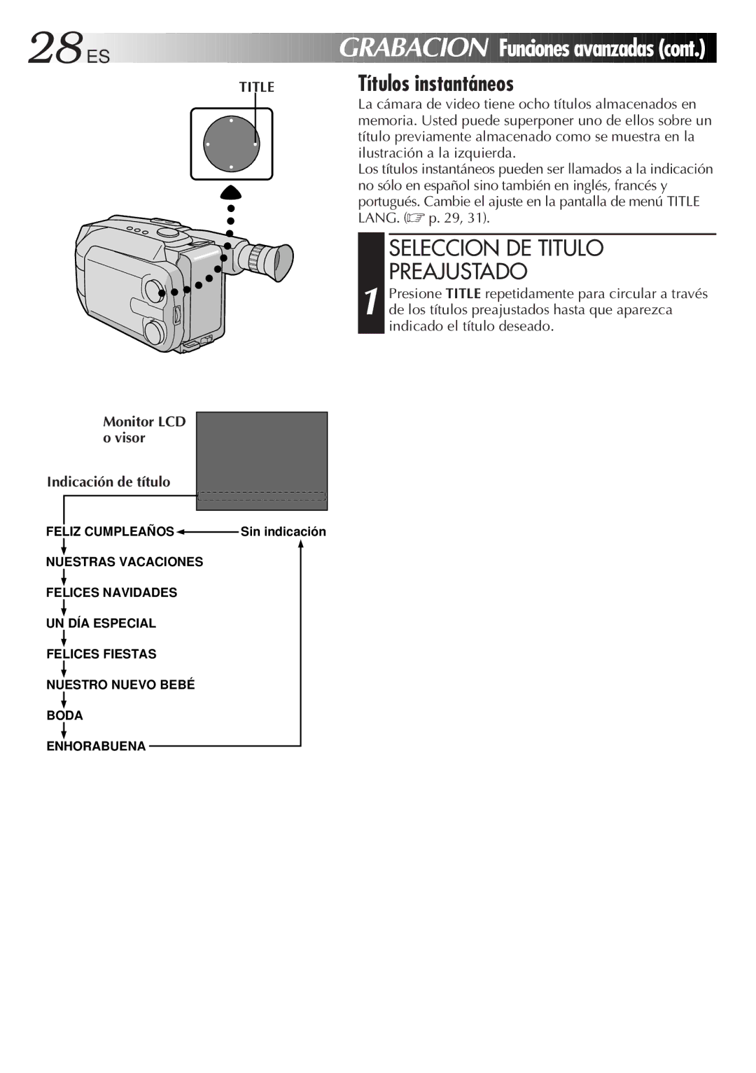 JVC GR-AXM77UM manual Grabacion, Seleccion DE Titulo, Preajustado, Monitor LCD Visor Indicación de título 