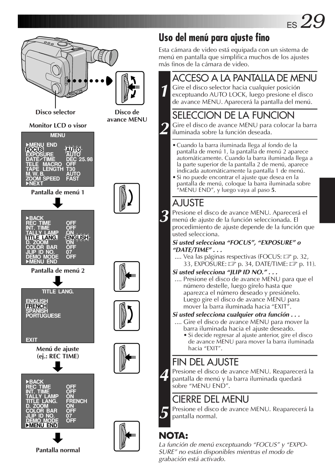 JVC GR-AXM77UM manual Uso del menú para ajuste fino, Acceso a LA Pantalla DE Menu 