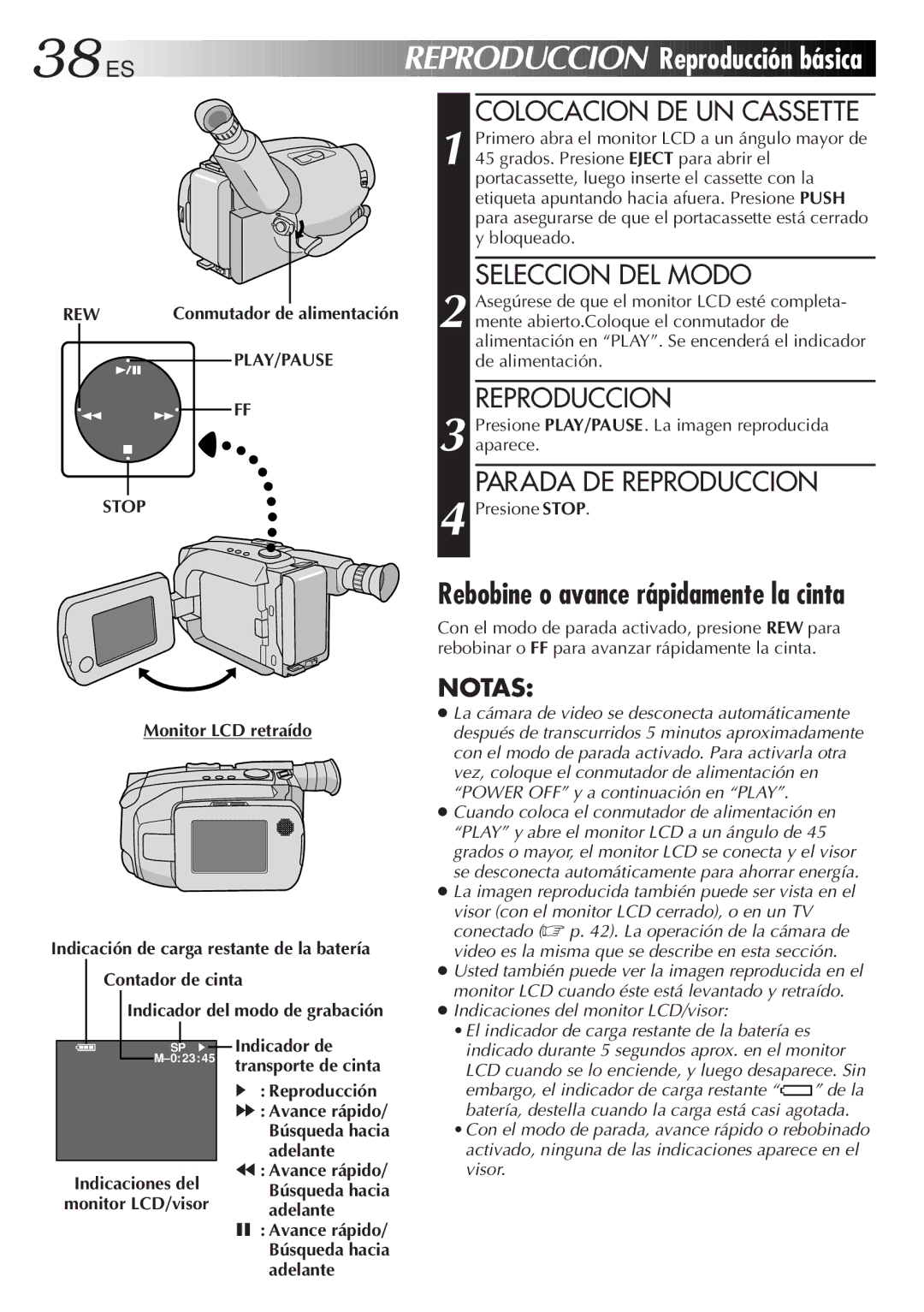 JVC GR-AXM77UM manual Reproduccion Reproducción básica, Colocacion DE UN Cassette, Parada DE Reproduccion 