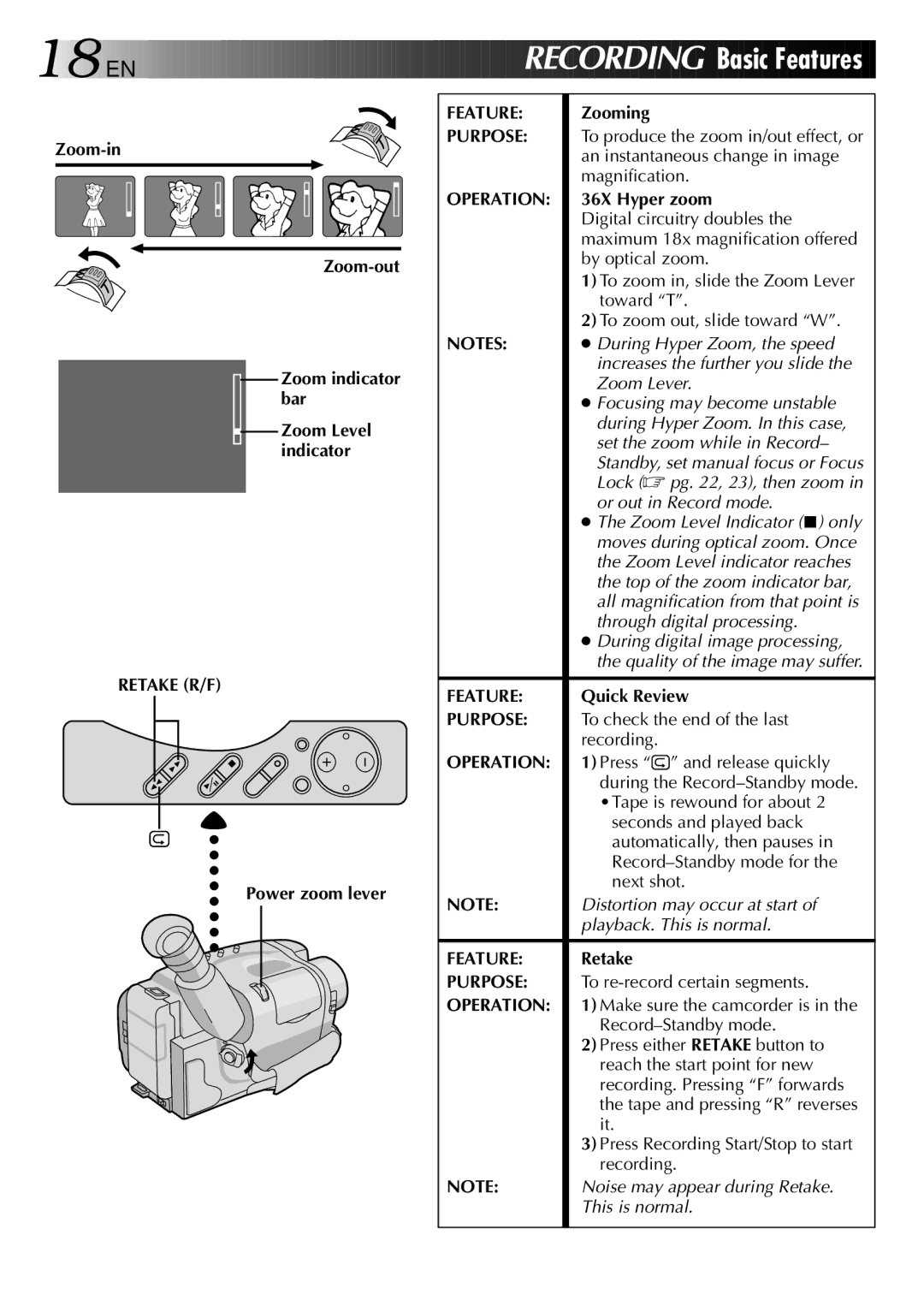 JVC GR-AXM80 manual EN Recording, Retake R/F, Feature, Purpose 