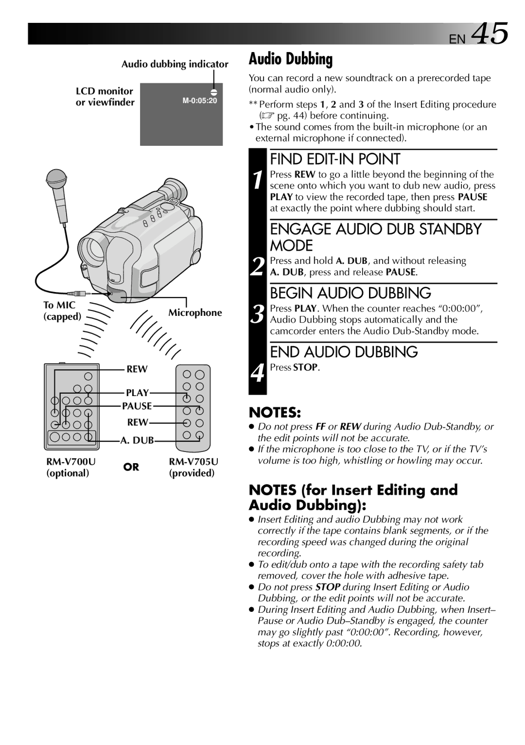 JVC GR-AXM80 manual Audio dubbing indicator, To MIC, Capped, Rew Dub, RM-V700U RM-V705U Optional 