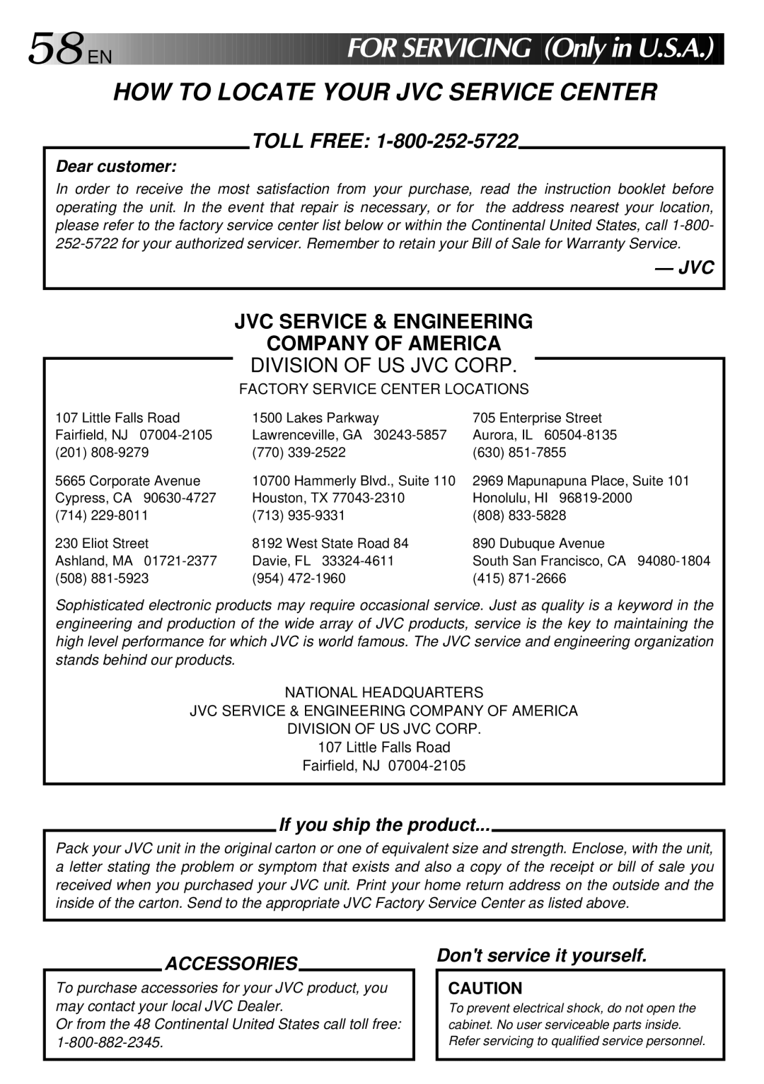 JVC GR-AXM80 manual EN FO R Servicing O nly i n U.S.A, HOW to Locate Your JVC Service Center 