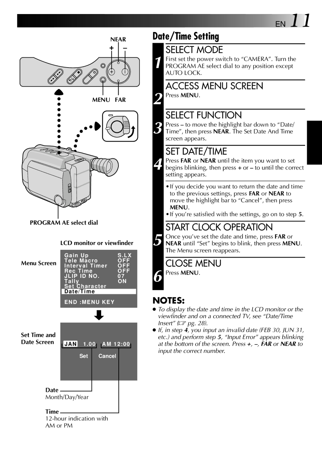 JVC LYT0002-0L5A, GR-AXM88UM manual Start Clock Operation, Close Menu, Near Menu FAR 