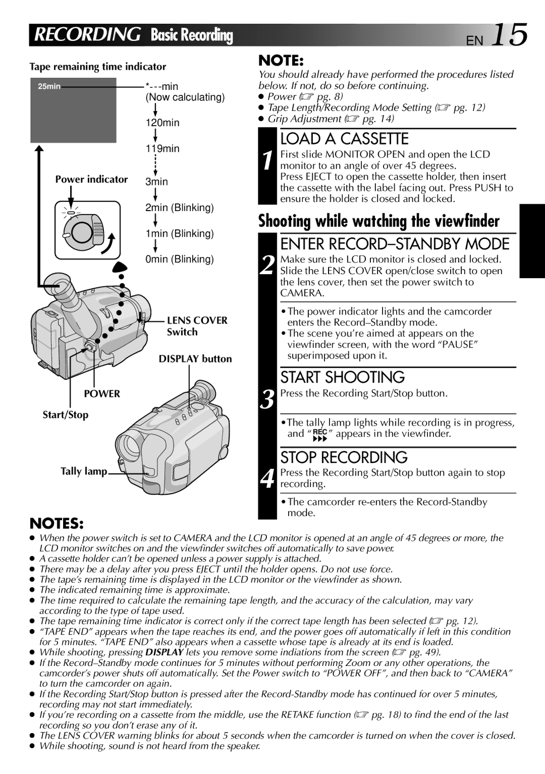 JVC LYT0002-0L5A, GR-AXM88UM manual Load a Cassette, Enter RECORD-STANDBY Mode, Start Shooting, Stop Recording 