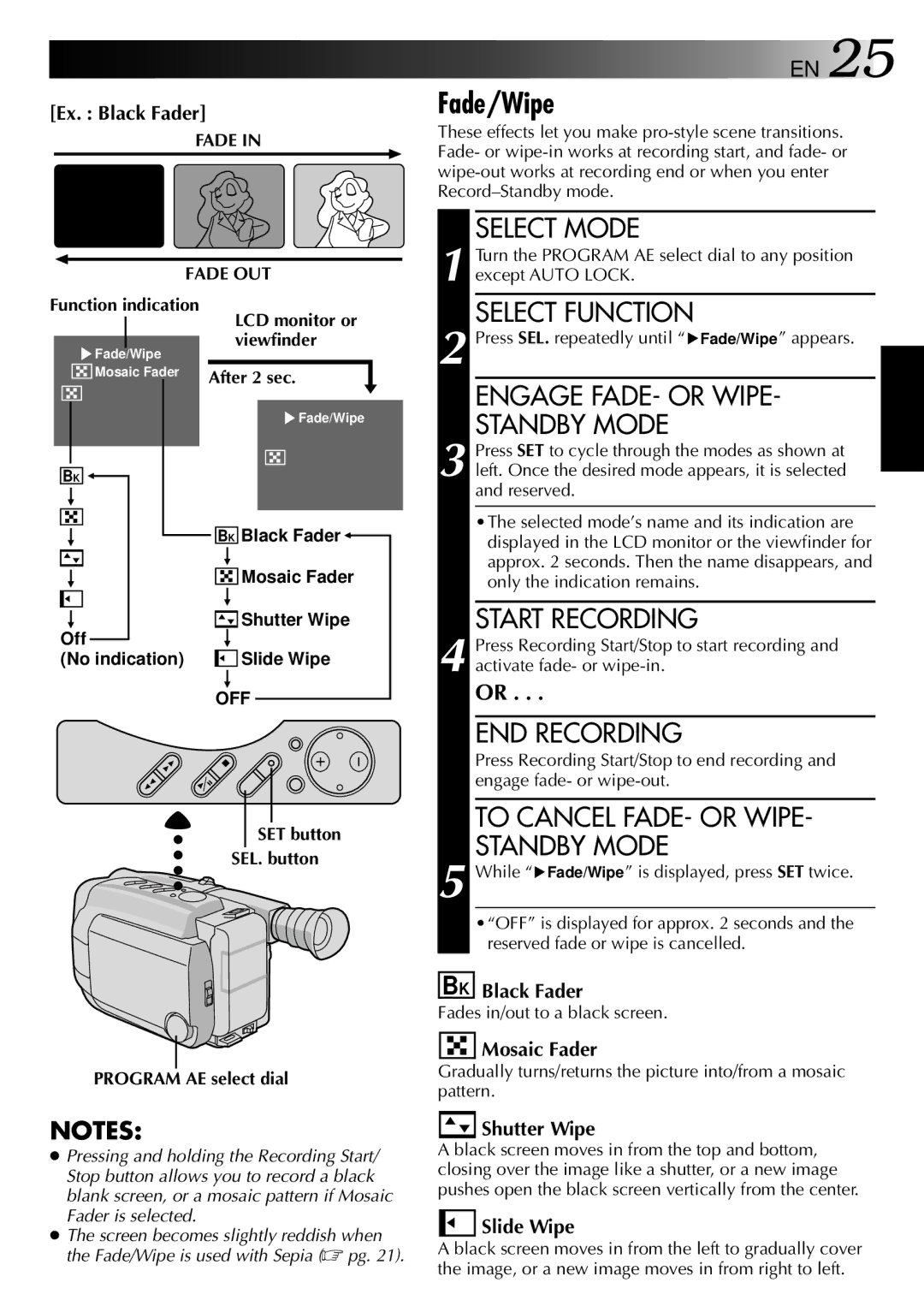 JVC LYT0002-0L5A, GR-AXM88UM manual Fade/Wipe, Select Function, Engage FADE- or Wipe Standby Mode, END Recording 