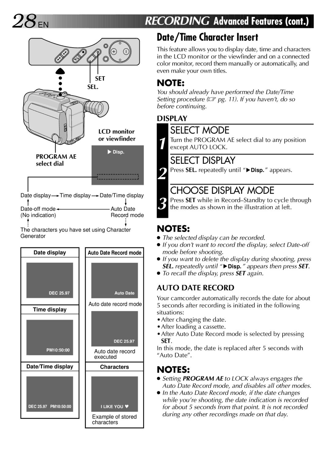 JVC GR-AXM88UM, LYT0002-0L5A manual Date/Time Character Insert, Select Display, Choose Display Mode, Set Sel 