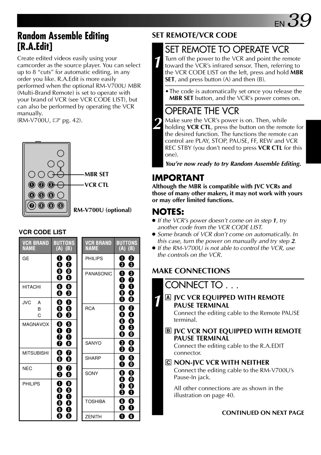 JVC LYT0002-0L5A manual Random Assemble Editing R.A.Edit, SET Remote to Operate VCR, Operate the VCR, Connect to, On Next 