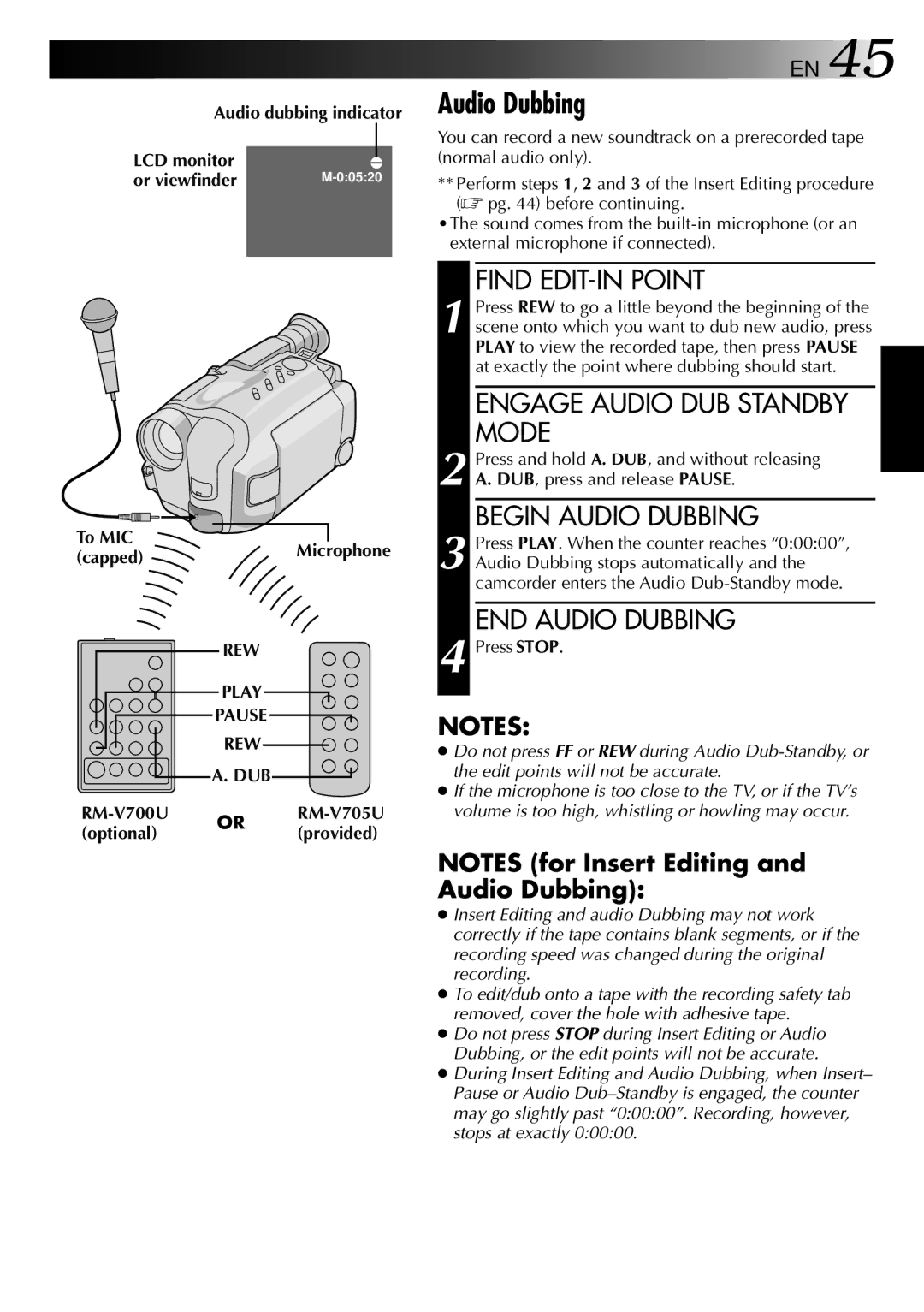 JVC LYT0002-0L5A, GR-AXM88UM manual Audio dubbing indicator, To MIC, Capped, Rew Dub, RM-V700U RM-V705U Optional 