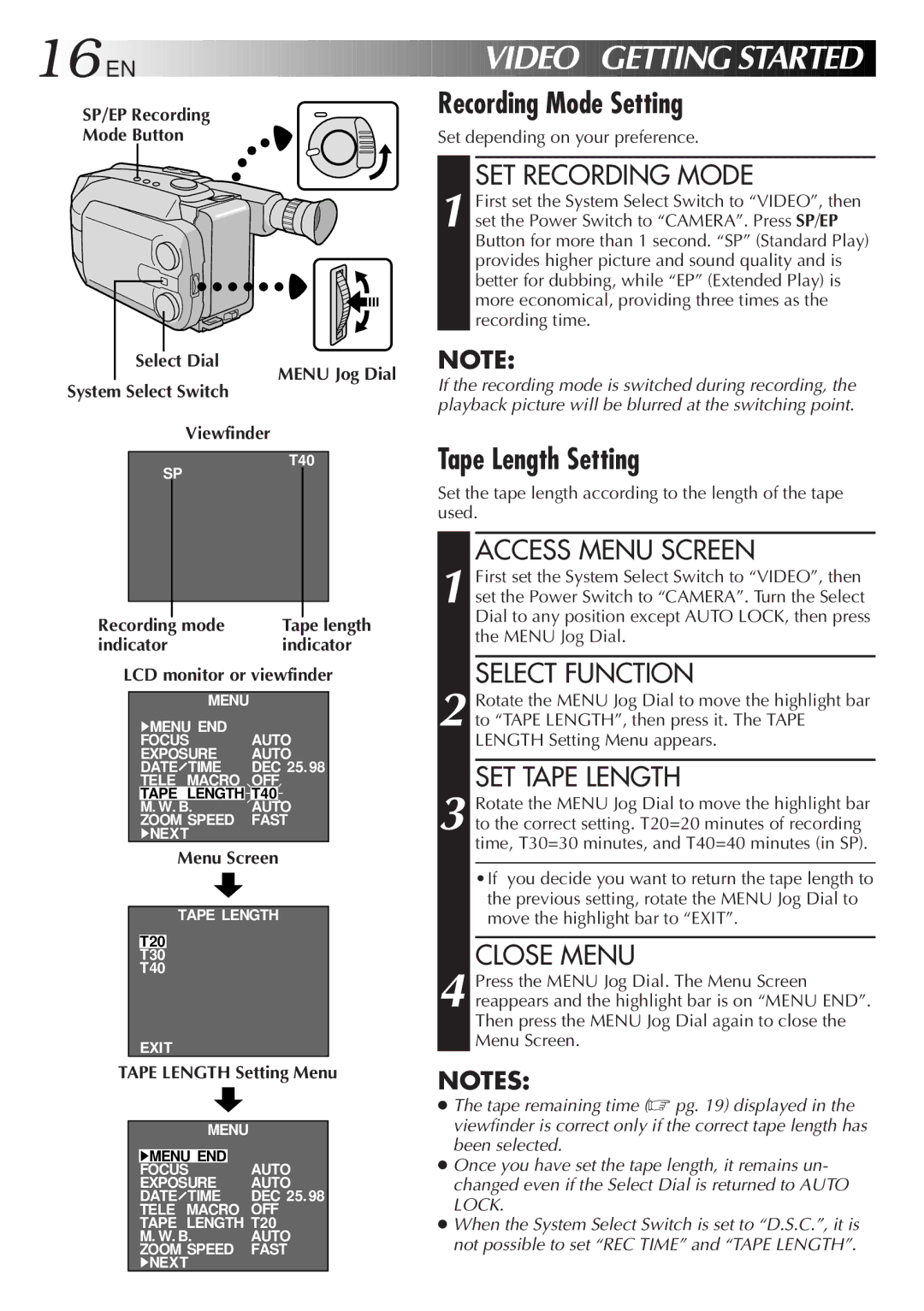 JVC GR-AXM900 manual Recording Mode Setting, Tape Length Setting 