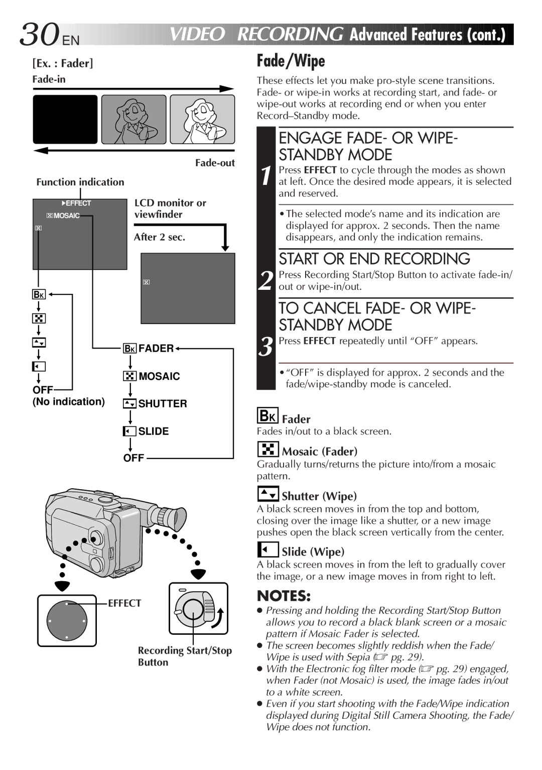 JVC GR-AXM900 manual Fade/Wipe, Advanced Features, Engage FADE- or Wipe Standby Mode, Start or END Recording 