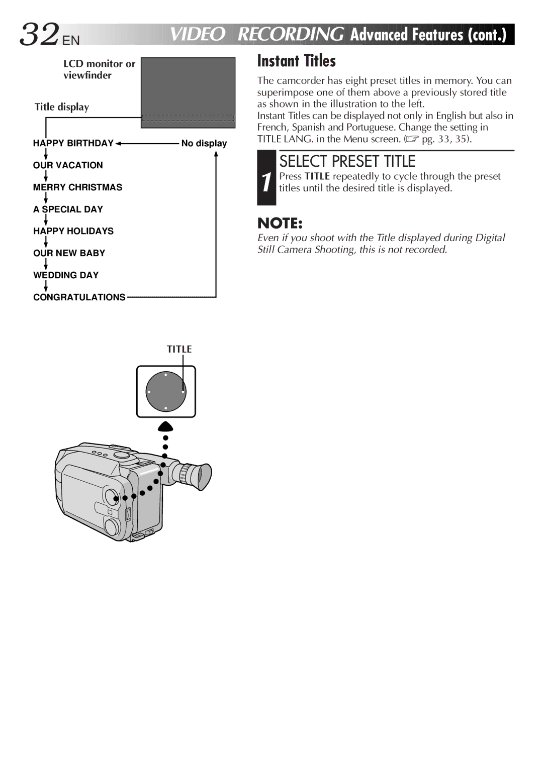 JVC GR-AXM900 manual Instant Titles, Select Preset Title, LCD monitor or viewfinder Title display 