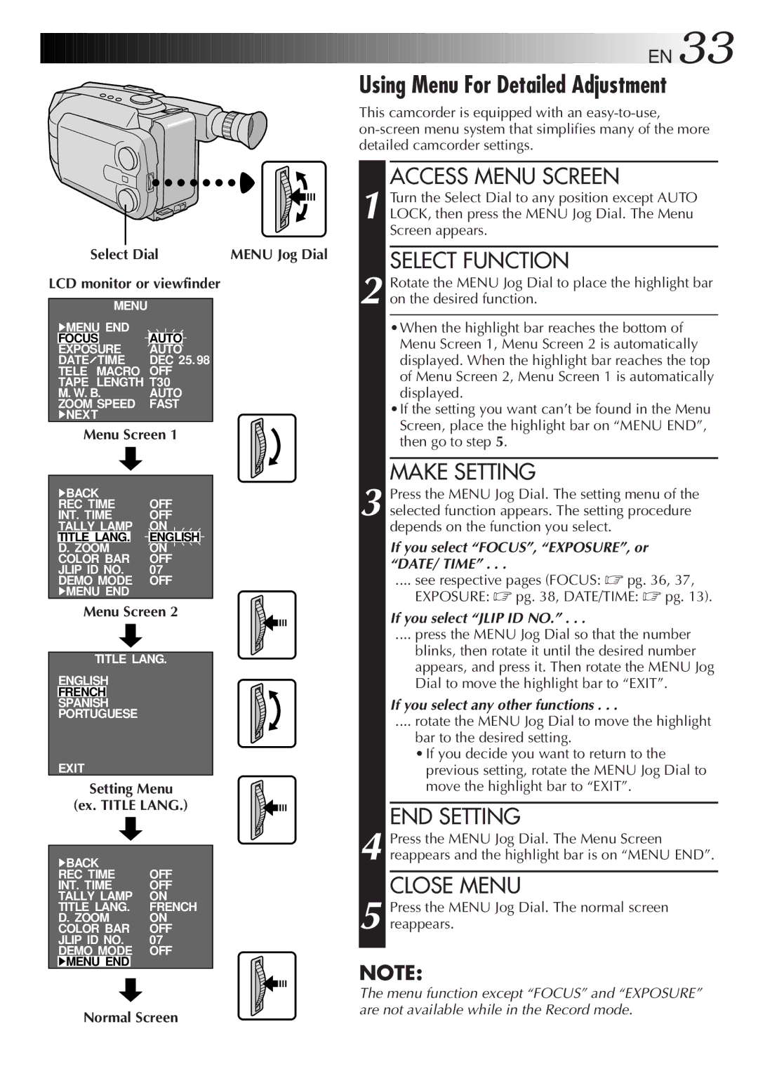 JVC GR-AXM900 manual Using Menu For Detailed Adjustment, Make Setting, END Setting, Select Dial Menu Jog Dial 