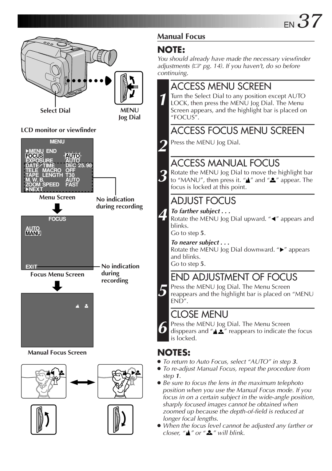 JVC GR-AXM900 manual END Adjustment of Focus, Focus Menu Screen, Manual Focus Screen 