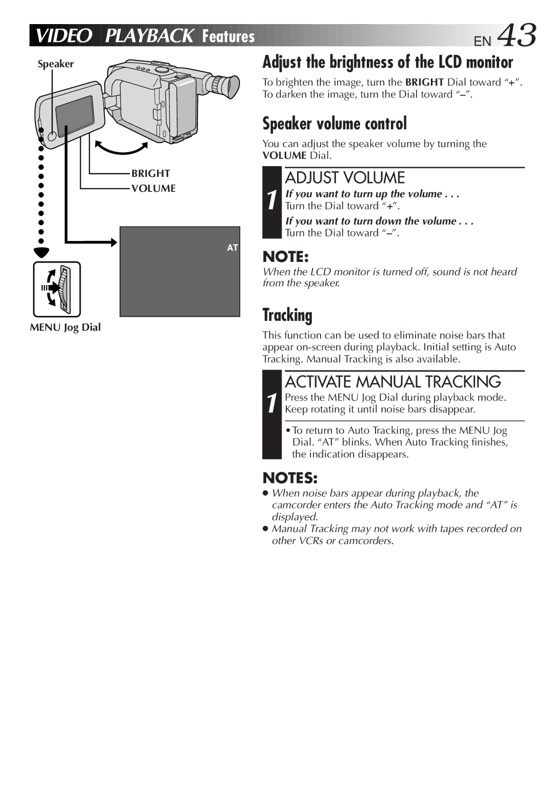 JVC GR-AXM900 manual Features EN, Speaker volume control, Adjust Volume, Activate Manual Tracking 