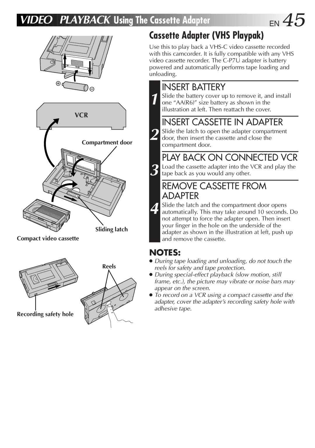 JVC GR-AXM900 manual Using The Cassette Adapter EN, Cassette Adapter VHS Playpak, Insert Cassette in Adapter 