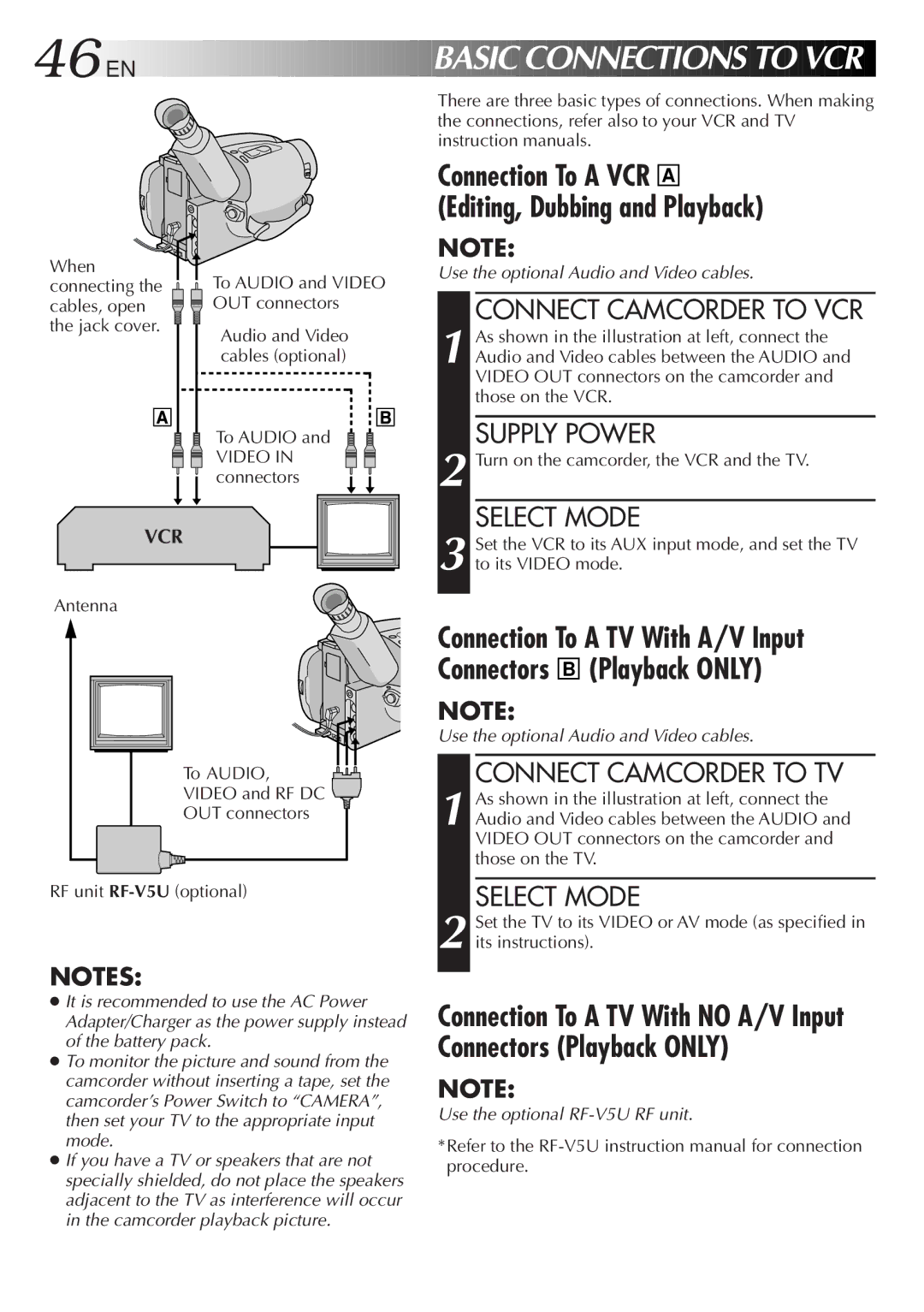 JVC GR-AXM900 manual Connect Camcorder to VCR, Connect Camcorder to TV, When connecting the cables, open the jack cover 