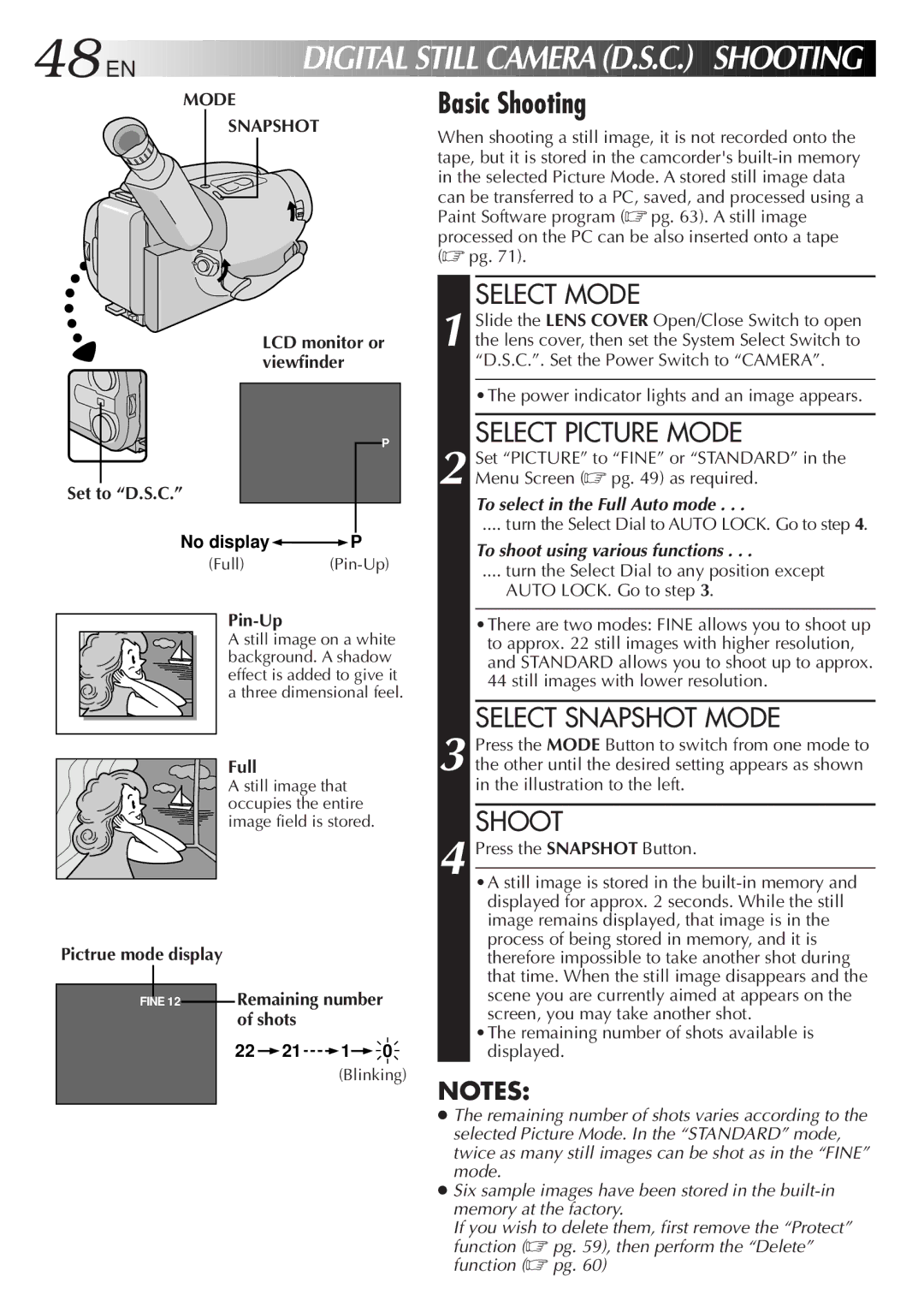 JVC GR-AXM900 manual Basic Shooting, Select Picture Mode, Mode Snapshot, Set to D.S.C LCD monitor or viewfinder 