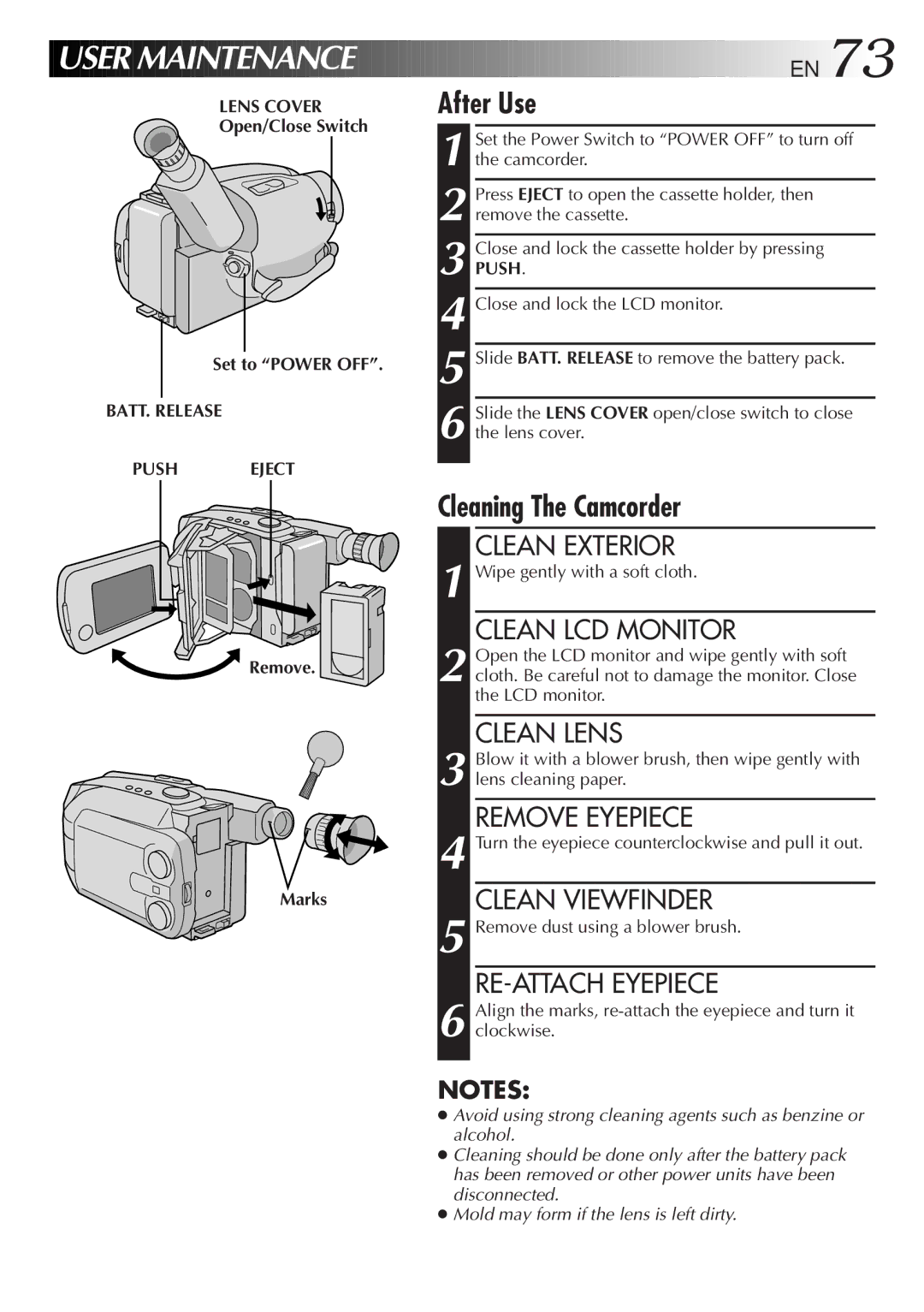 JVC GR-AXM900 manual Lens Cover, Open/Close Switch Set to Power OFF, BATT. Release Push Eject, Remove Marks 