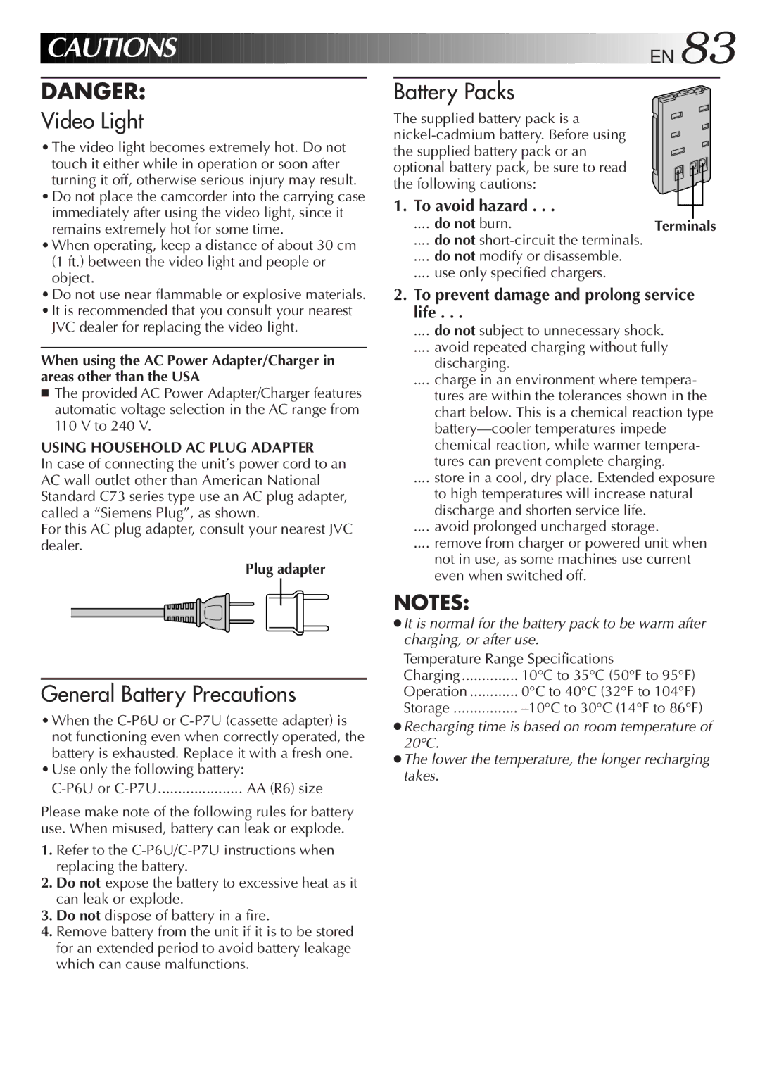 JVC GR-AXM900 To avoid hazard, To prevent damage and prolong service life, Using Household AC Plug Adapter, Plug adapter 