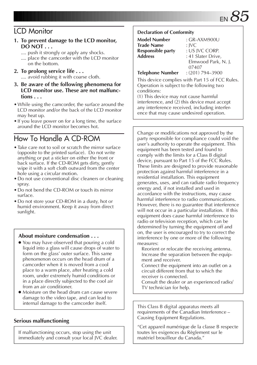 JVC GR-AXM900 manual To prevent damage to the LCD monitor, do not, To prolong service life, About moisture condensation 