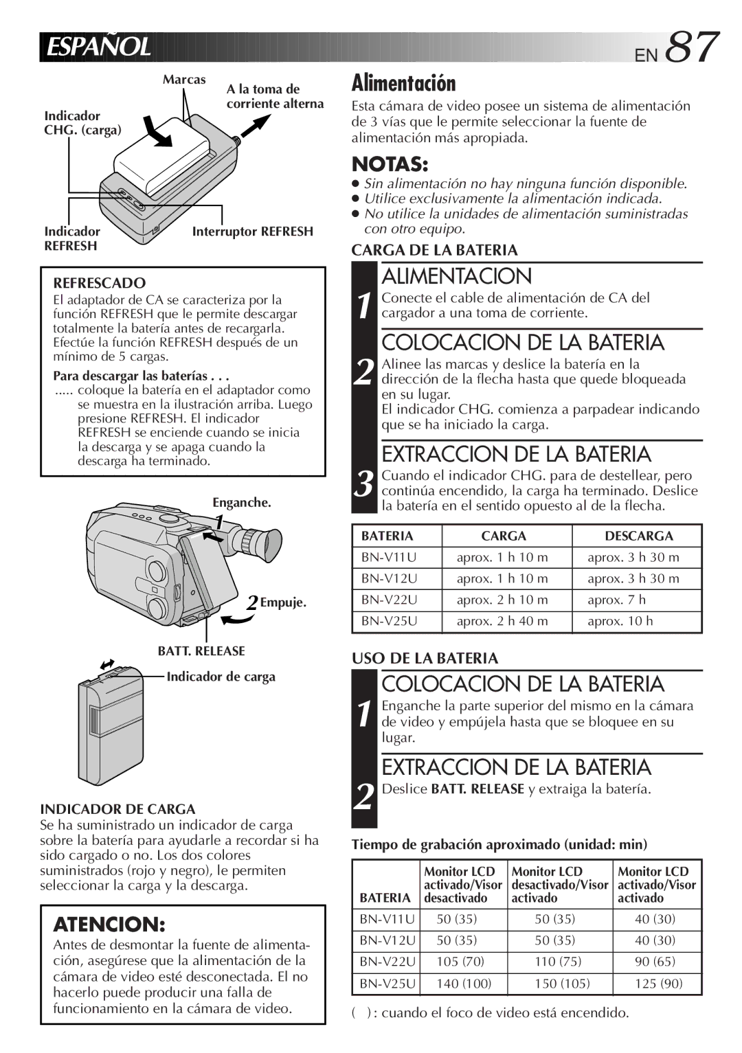 JVC GR-AXM900 manual Español, Alimentación, Alimentacion, Colocacion DE LA Bateria, Extraccion DE LA Bateria 