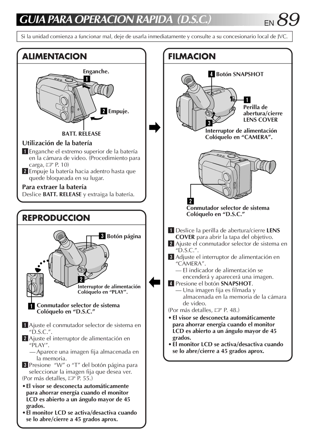 JVC GR-AXM900 manual Guia Para Operacion Rapida D.S.C. EN, Enganche 4Botón Snapshot 2Empuje Perilla de, Colóquelo en Camera 