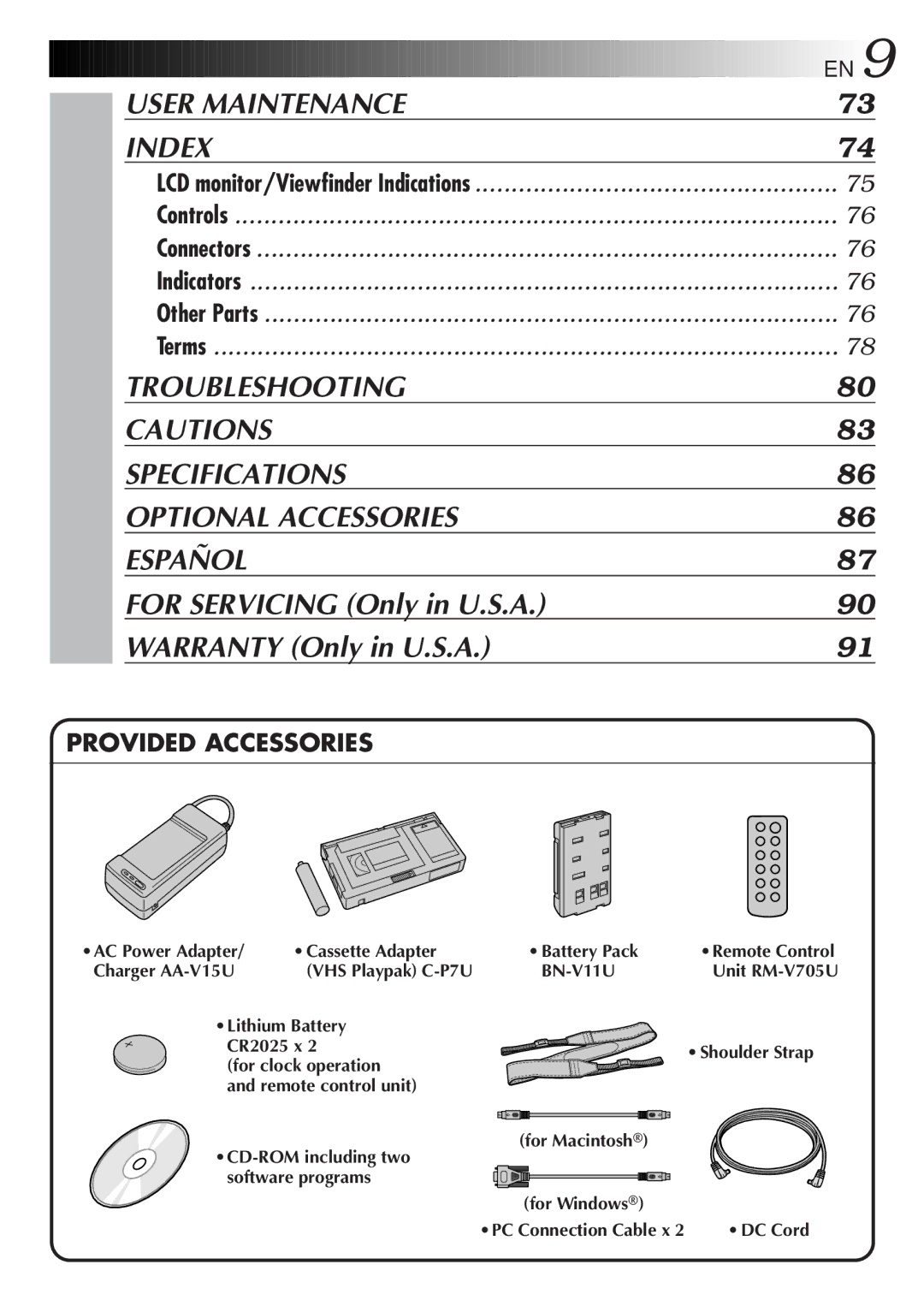 JVC GR-AXM900 manual AC Power Adapter Cassette Adapter, Charger AA-V15U, BN-V11U, Software programs 