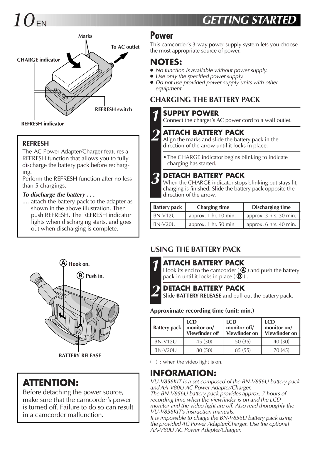 JVC GR-AXM917UM manual Power, Charging the Battery Pack, Using the Battery Pack 