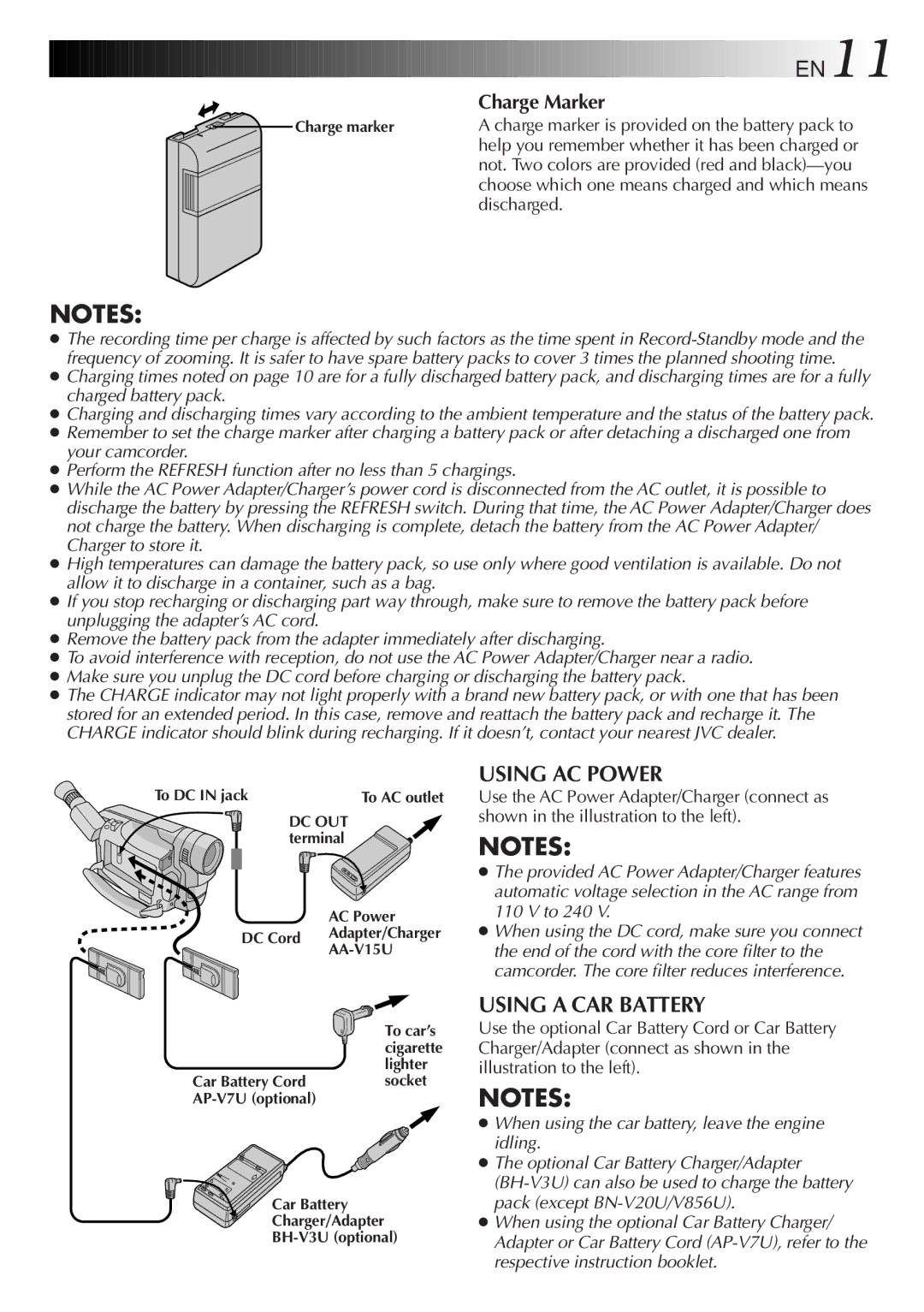 JVC GR-AXM917UM manual Using AC Power, Using a CAR Battery, Charge Marker 