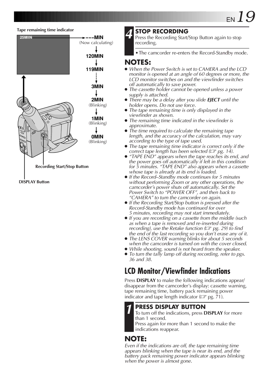 JVC GR-AXM917UM LCD Monitor/Viewfinder Indications, Stop Recording, Press Display Button, Tape remaining time indicator 