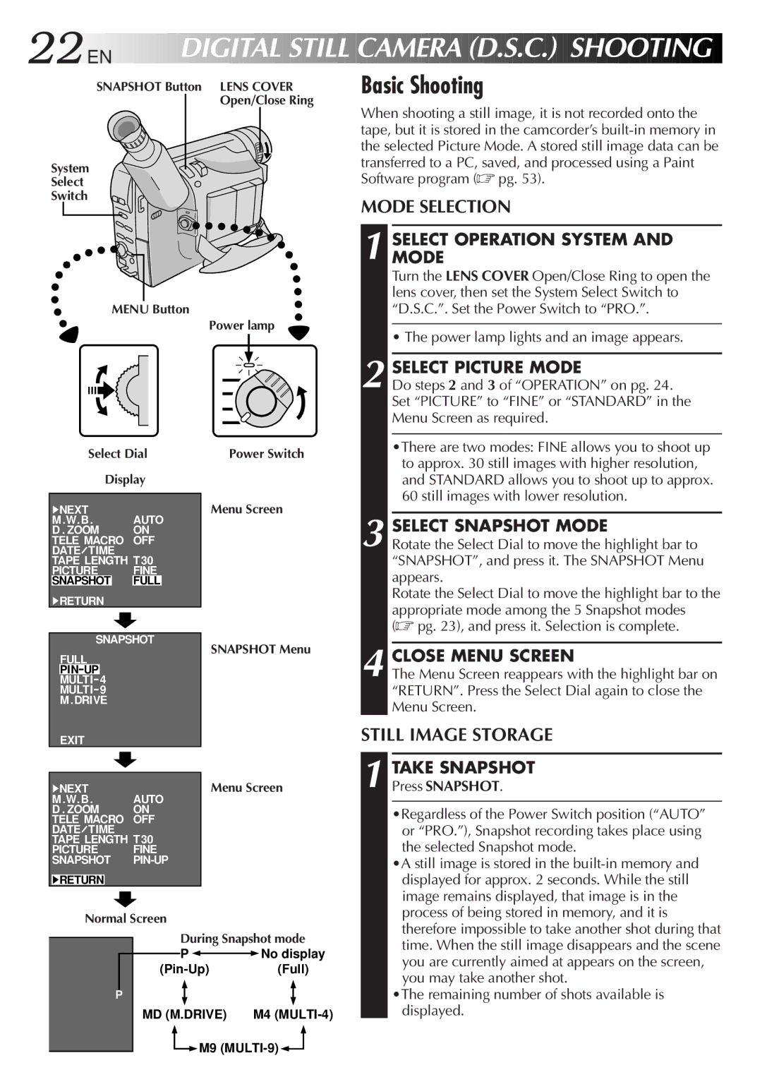 JVC GR-AXM917UM manual Basic Shooting, Mode Selection, Still Image Storage 