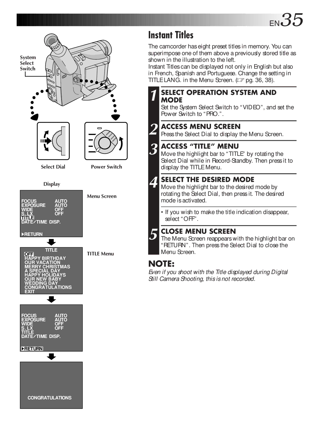 JVC GR-AXM917UM manual Instant Titles, Access Title Menu, System Select Switch Select Dial Display 