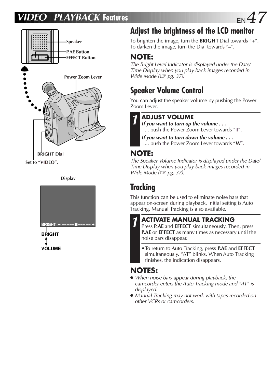 JVC GR-AXM917UM manual Video Playback Features EN47, Speaker Volume Control, Adjust Volume, Activate Manual Tracking 