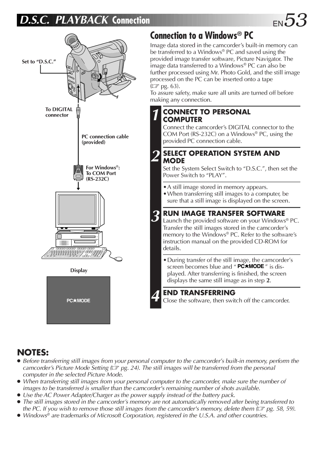 JVC GR-AXM917UM manual Connection EN53, Connection to a Windows PC, Connect to Personal Computer, END Transferring 