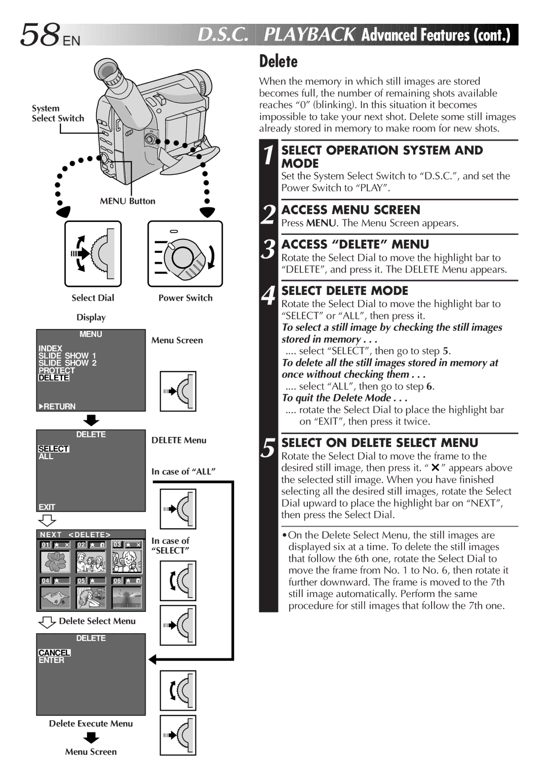 JVC GR-AXM917UM manual Access Delete Menu, Select Delete Mode, To quit the Delete Mode 