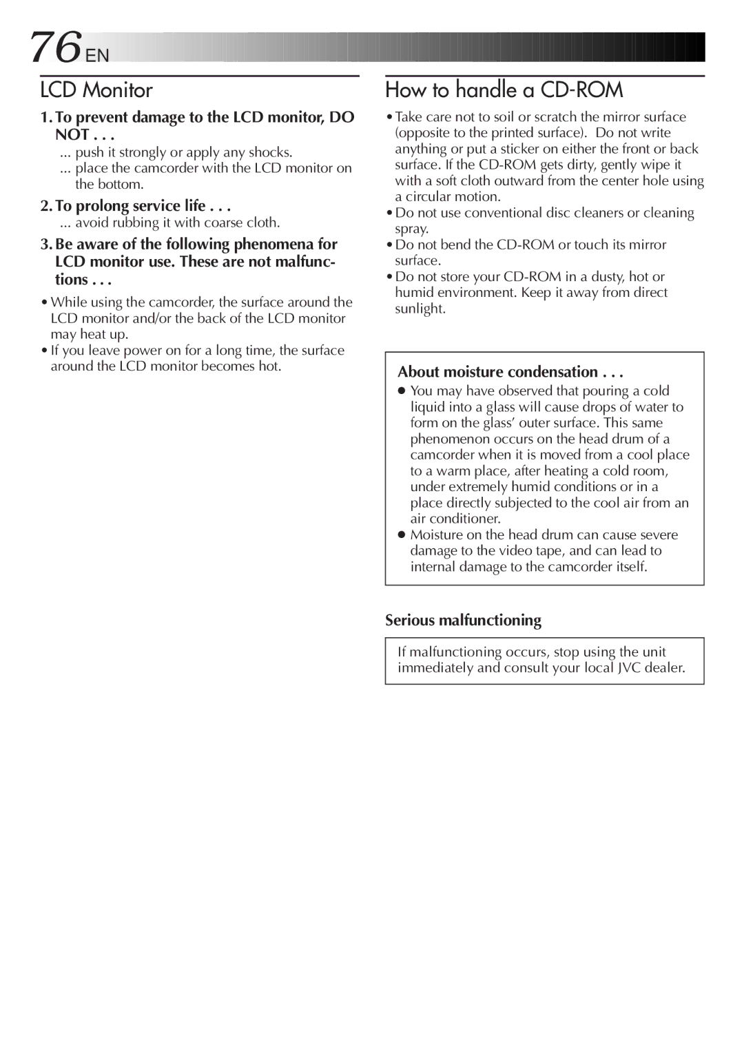 JVC GR-AXM917UM manual To prevent damage to the LCD monitor, do not, To prolong service life, About moisture condensation 