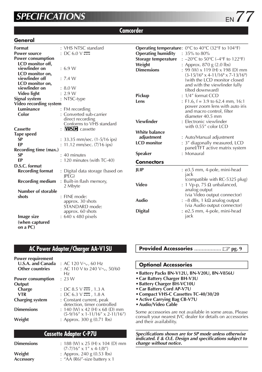 JVC GR-AXM917UM manual General, Connectors, Provided Accessories Optional Accessories 