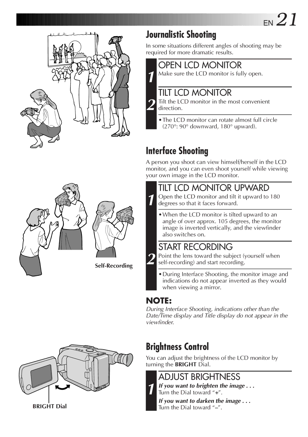 JVC GR-AXM99UM manual Journalistic Shooting, Interface Shooting, Brightness Control 