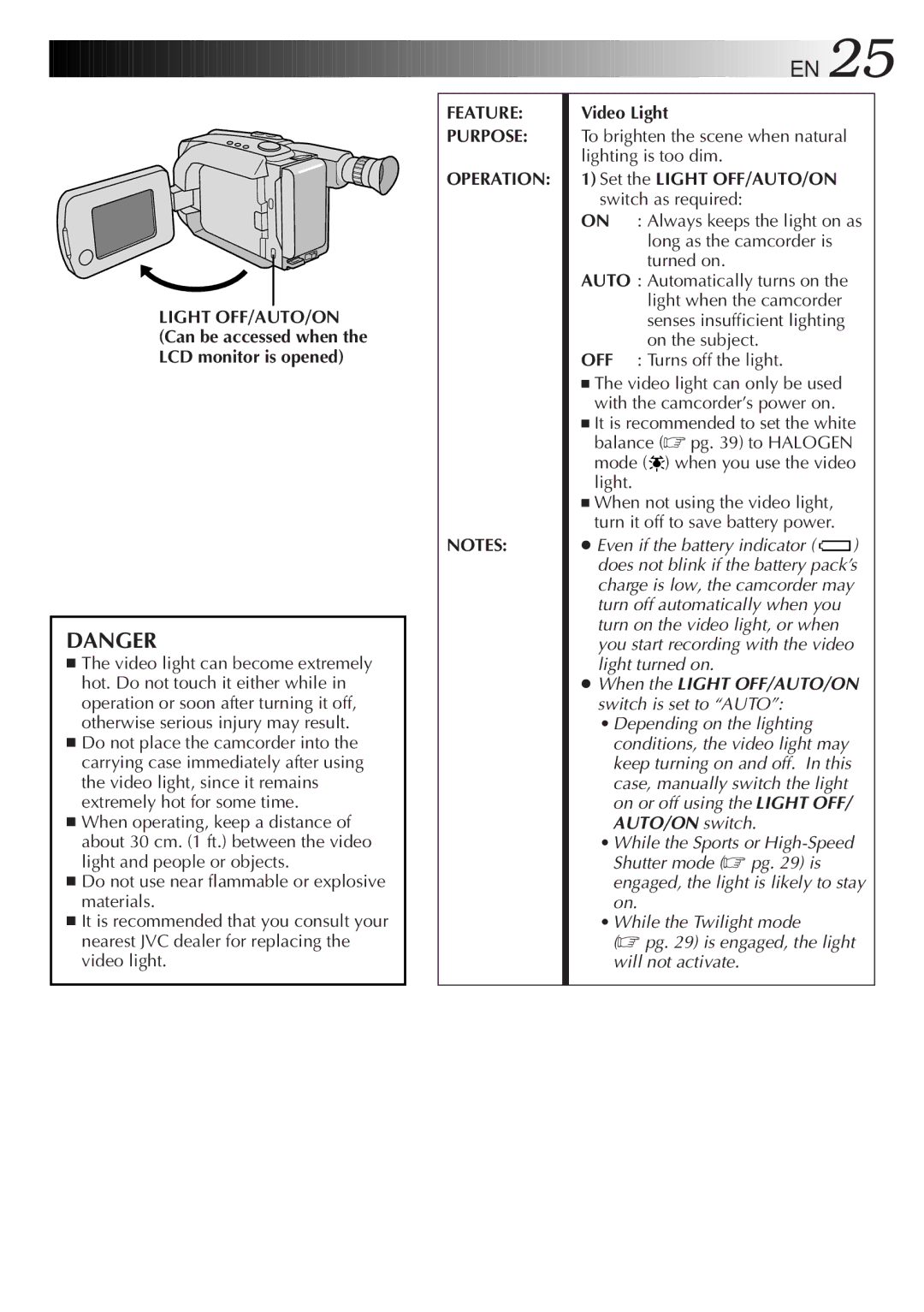 JVC GR-AXM99UM Video Light, To brighten the scene when natural lighting is too dim, Mode when you use the video light 