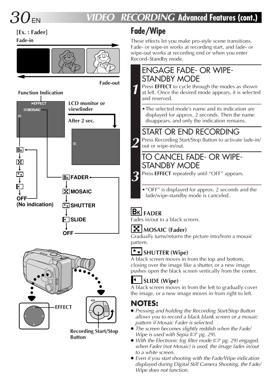 JVC GR-AXM99UM manual Fade/Wipe, Advanced Features, Engage FADE- or Wipe Standby Mode, Start or END Recording 