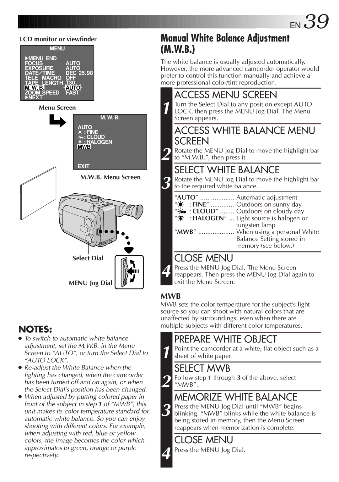 JVC GR-AXM99UM manual Manual White Balance Adjustment M.W.B 