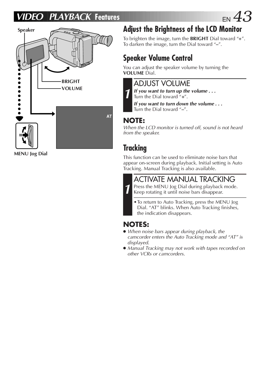 JVC GR-AXM99UM manual Features EN, Speaker Volume Control, Adjust Volume, Activate Manual Tracking 