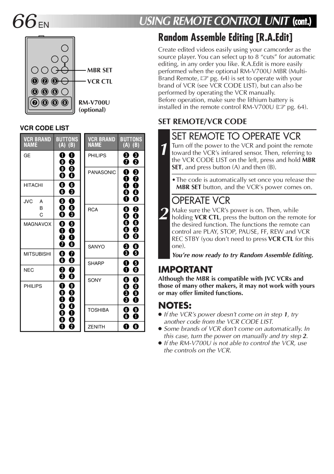 JVC GR-AXM99UM manual Random Assemble Editing R.A.Edit, SET Remote to Operate VCR, Mbr Set, 9 0 RM-V700U optional 