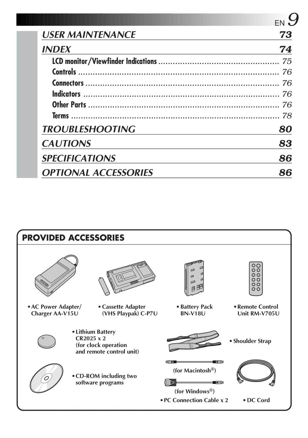 JVC GR-AXM99UM manual AC Power Adapter Cassette Adapter, Charger AA-V15U, BN-V18U, Software programs 