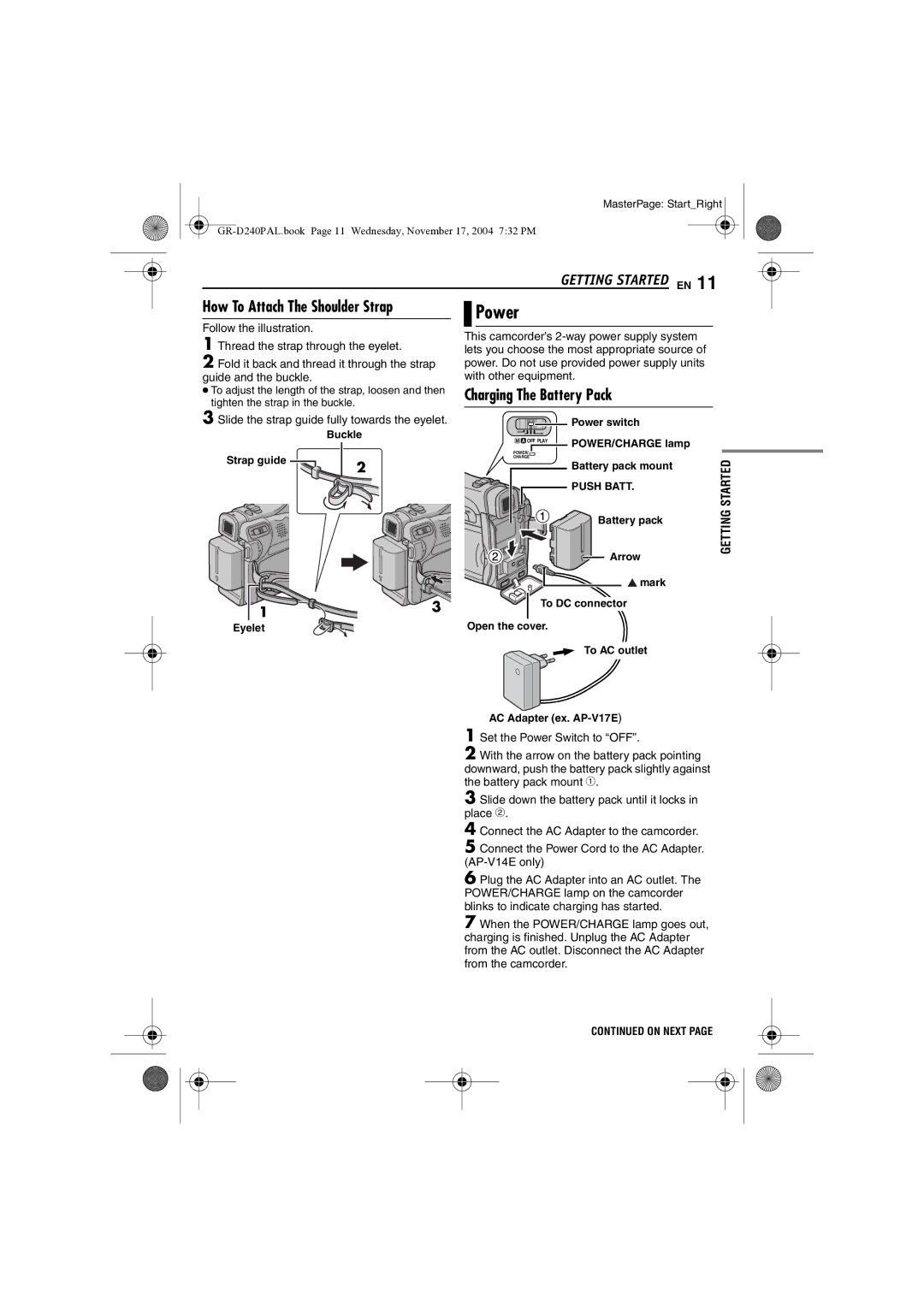 JVC GR D 240 manual Power, Getting Started EN, Charging The Battery Pack 