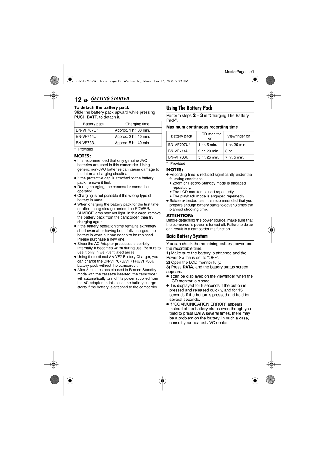 JVC GR D 240 manual Data Battery System, Maximum continuous recording time 