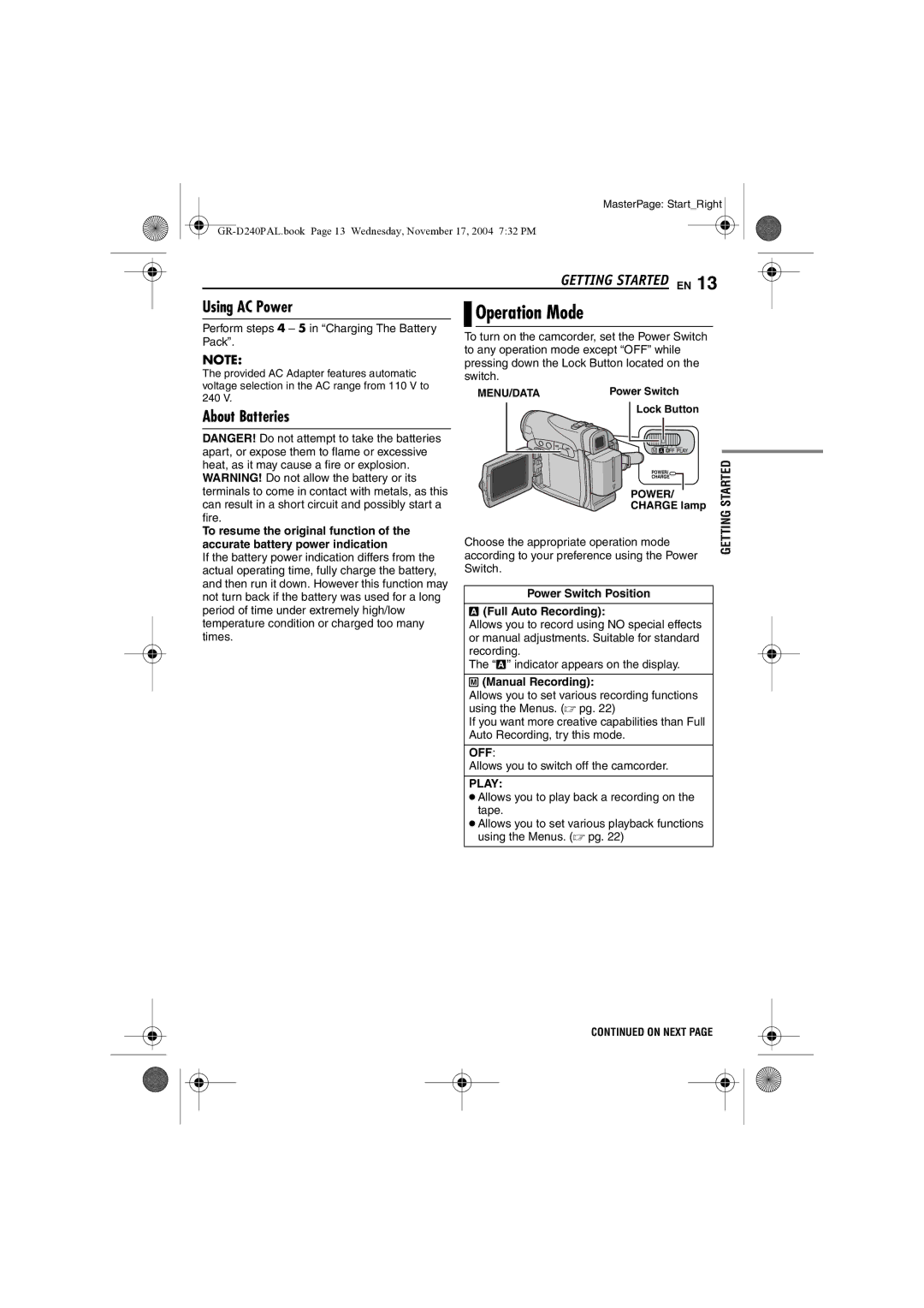 JVC GR D 240 manual Using AC Power, About Batteries 